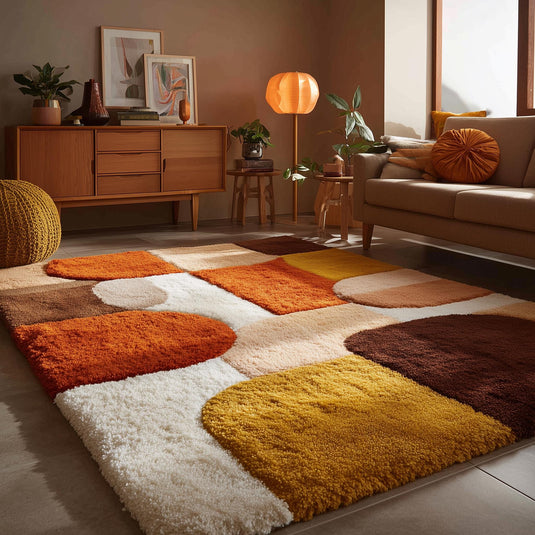 Translation missing: en.Mid century area rug with plush thick pile, retro geometric pattern in burnt orange, mustard yellow, and cream tones