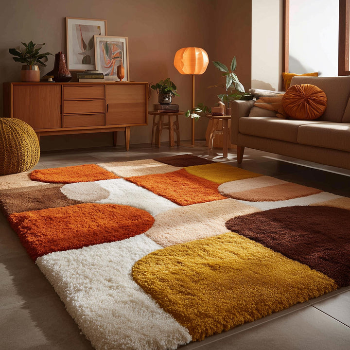 Translation missing: en.Mid century area rug with plush thick pile, retro geometric pattern in burnt orange, mustard yellow, and cream tones