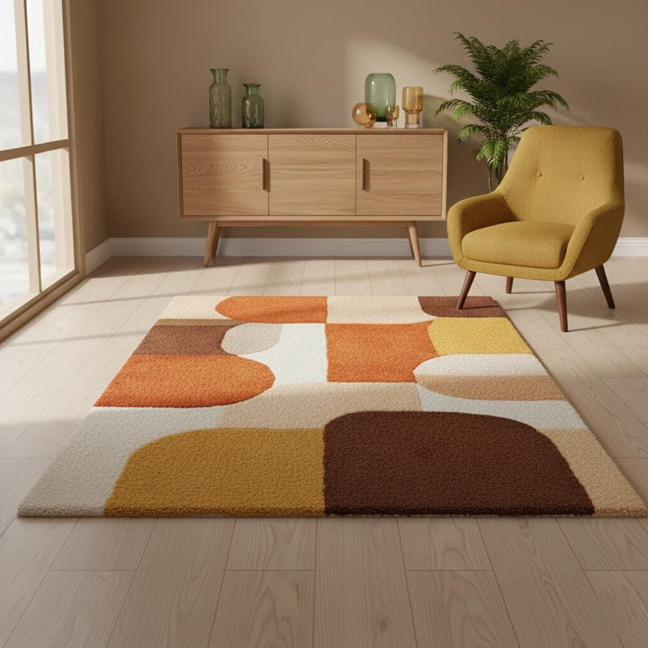 Translation missing: en.Mid Century Area Rug with plush thick pile and geometric retro pattern in warm burnt orange, mustard yellow, and cream tones