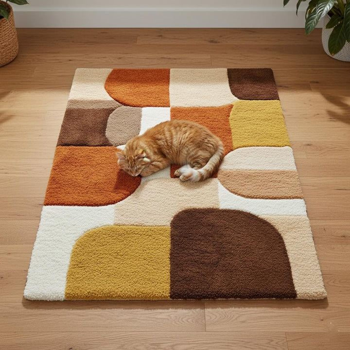 Translation missing: en.Mid century area rug with plush geometric retro pattern in warm burnt orange, mustard yellow, and cream tones