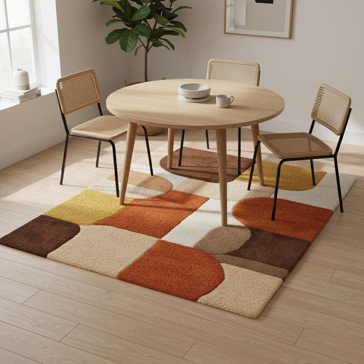 Translation missing: en.Mid century area rug with plush thick pile and geometric retro pattern in warm burnt orange, mustard yellow, and cream tones