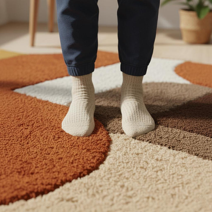 Translation missing: en.Mid century area rug with plush thick pile and geometric retro pattern in warm burnt orange, mustard yellow, and cream tones