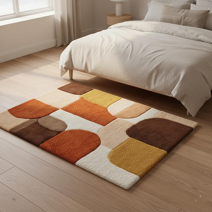 Translation missing: en.Mid Century Area Rug with plush thick pile, geometric retro pattern in burnt orange, mustard yellow, and cream hues