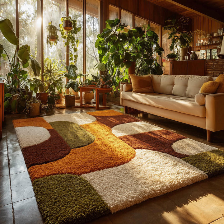 Translation missing: es.Mid century shag rug with plush high pile and geometric burnt orange, olive, cream, and brown design for living room warmth and retro style