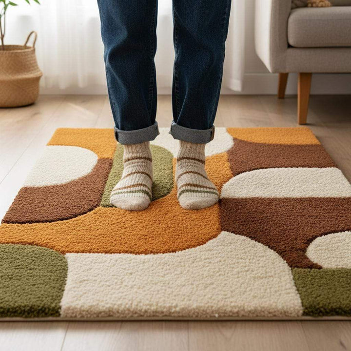 Translation missing: es.Mid century shag rug with thick high pile and geometric burnt orange, olive green design for plush living room carpet