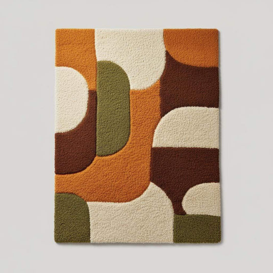 Translation missing: es.Mid century shag rug with geometric burnt orange and olive green design in living room