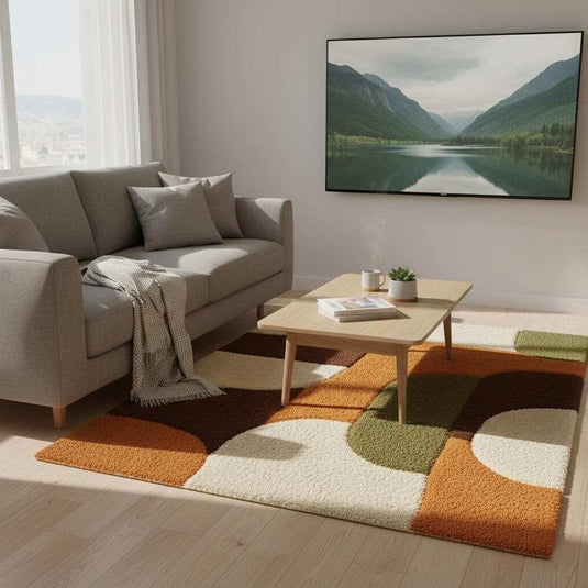 Translation missing: es.Mid century shag rug with geometric burnt orange and olive green design for plush living room comfort