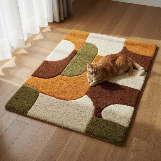 Translation missing: es.Mid century shag rug with plush high pile and geometric burnt orange and olive design for living room carpet