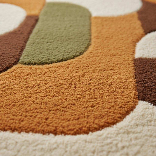 Translation missing: es.Mid Century Shag Rug with high pile geometric design in burnt orange and olive, plush living room carpet
