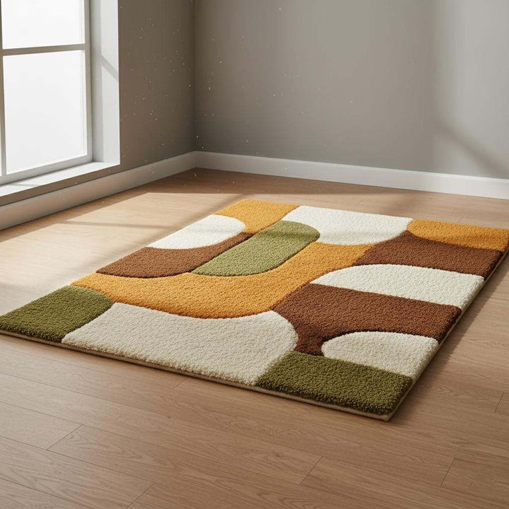 Translation missing: es.Mid century shag rug with plush high pile and geometric burnt orange and olive design for living room
