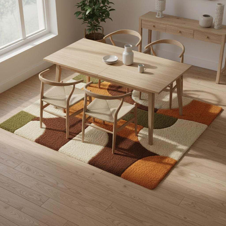 Translation missing: es.Mid Century Shag Rug with plush high pile and geometric burnt orange and olive design for living room comfort and retro style