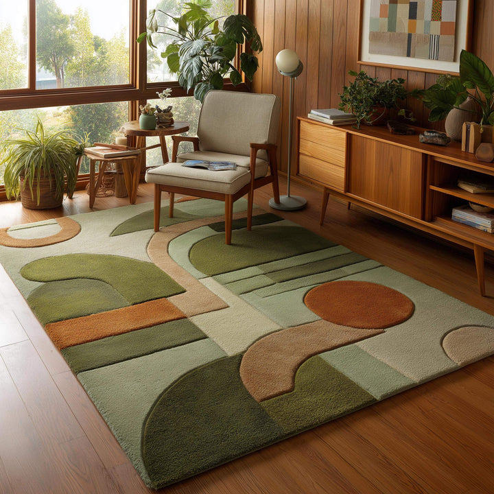 Translation missing: es.Mid century modern rug with retro geometric pattern in earthy green and orange tones, durable plush area carpet for living rooms and boho modern décor