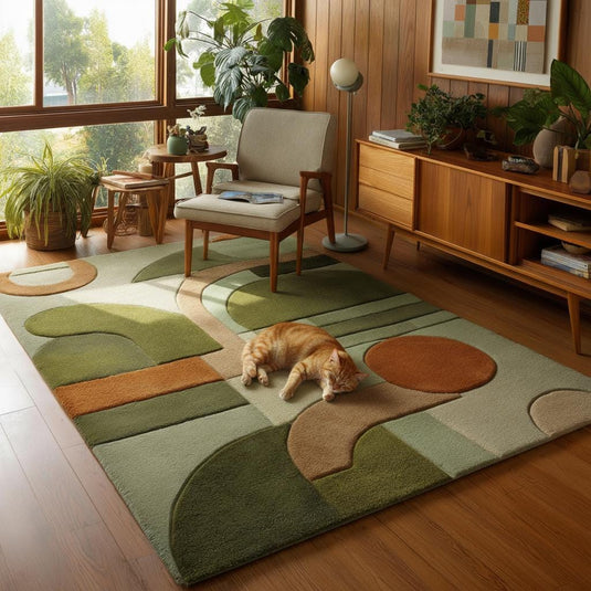 Translation missing: es.Mid-Century Modern Geometric Rug: Retro Abstract Green &amp; Orange Carpet
