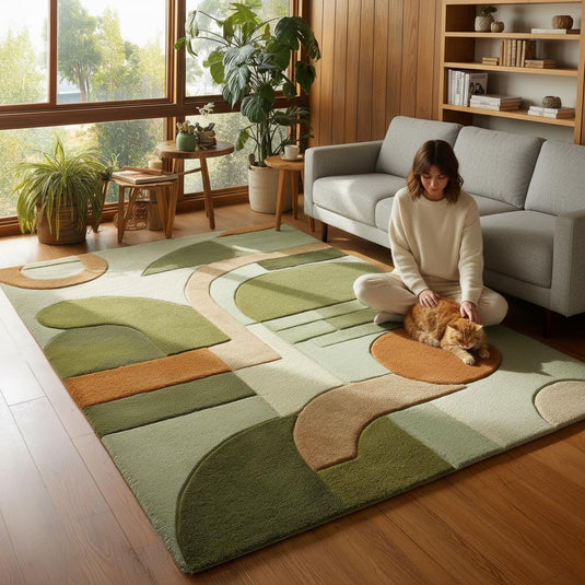 Translation missing: es.Mid-Century Modern Geometric Rug: Retro Abstract Green &amp; Orange Carpet