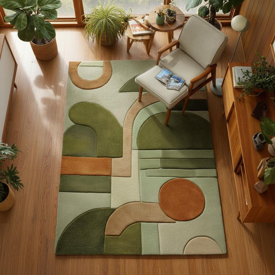Translation missing: es.Mid-Century Modern Geometric Rug: Retro Abstract Green &amp; Orange Carpet