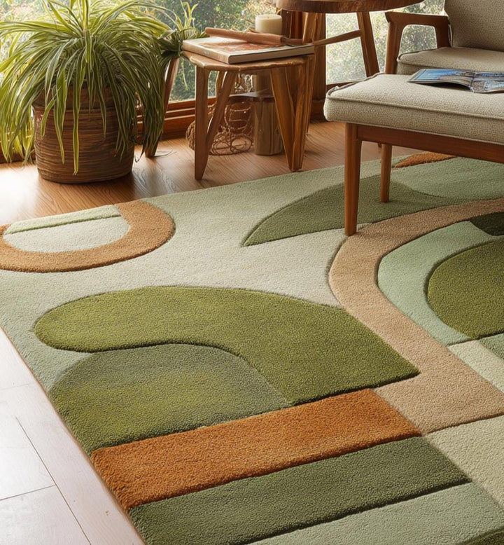 Translation missing: es.Mid-Century Modern Geometric Rug: Retro Abstract Green &amp; Orange Carpet