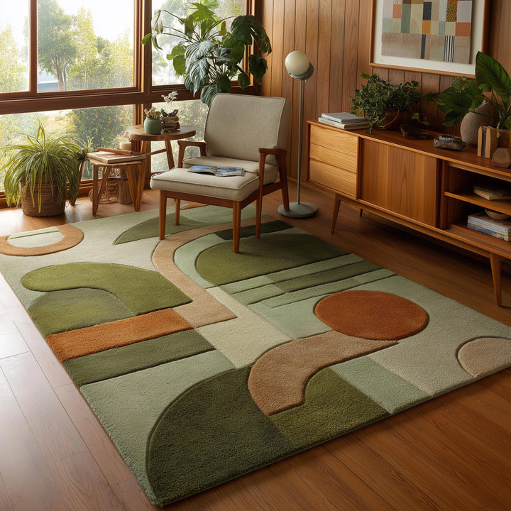 Translation missing: es.Mid-Century Modern Geometric Rug: Retro Abstract Green &amp; Orange Carpet