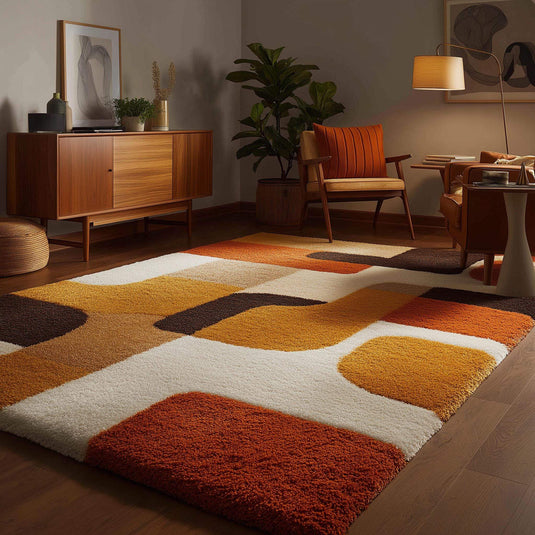 Translation missing: en.Mid century modern rug with retro geometric pattern in warm orange and yellow tones, soft tufted texture, and durable handmade design
