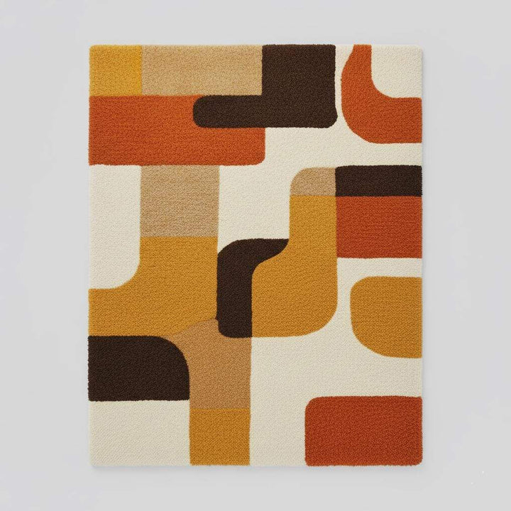 Translation missing: en.Mid century modern rug with retro geometric pattern in warm orange and yellow tones, soft tufted texture, and durable construction