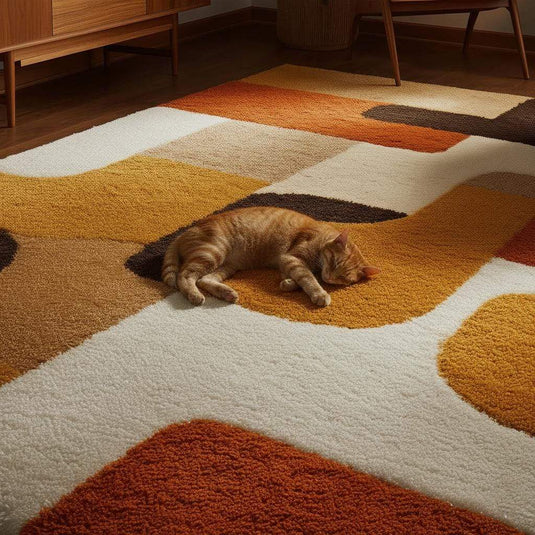 Translation missing: en.Mid century modern rug with bold geometric pattern in warm orange, yellow, and brown tones, soft tufted texture, and durable handcrafted design