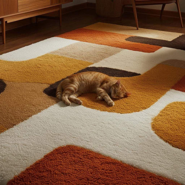 Translation missing: en.Mid century modern rug with bold geometric pattern in warm orange, yellow, and brown tones, soft tufted texture, and durable handcrafted design