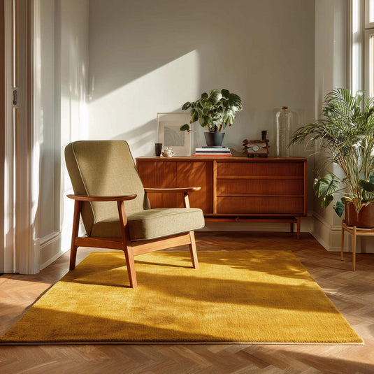 Translation missing: es.Mustard yellow area rug with retro mid-century design and low pile for modern living room decor