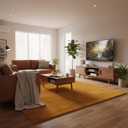Translation missing: es.Mustard yellow area rug with retro mid century design and modern low pile for living room decor