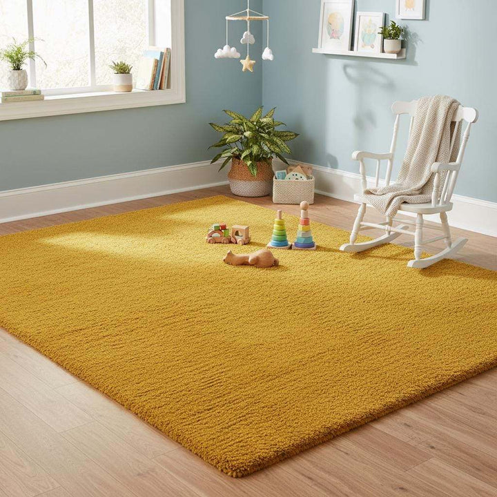 Translation missing: es.Mustard yellow area rug with retro mid-century design and modern low pile for living room decor