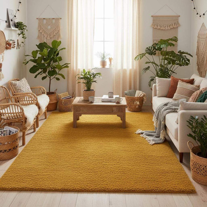 Translation missing: es.Mustard yellow area rug with modern low pile and retro mid century design for living room decor