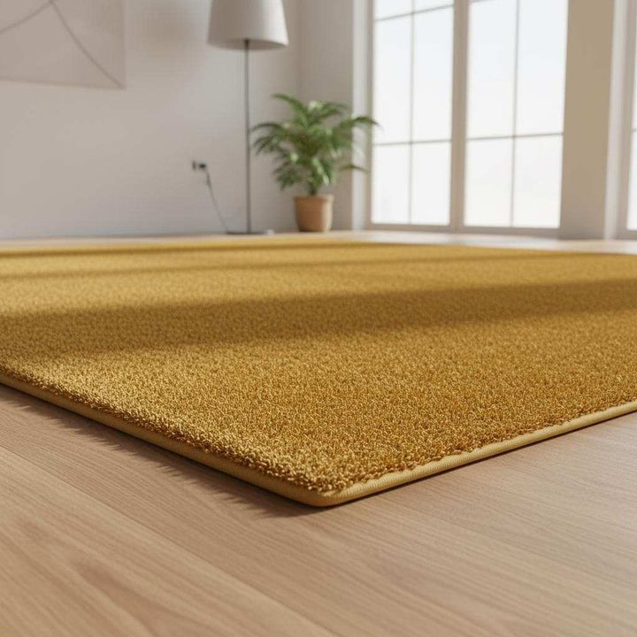 Translation missing: es.Mustard yellow area rug with retro mid-century design and modern low pile for cozy living room decor