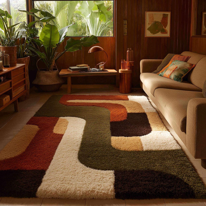 Translation missing: es.Mid century modern rug with plush thick pile and warm earthy geometric pattern