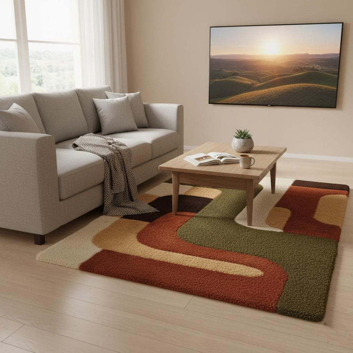 Translation missing: es.Mid century modern rug with plush thick pile and geometric warm earthy tones design