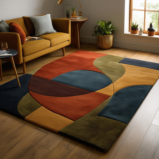 Translation missing: en.Mid century modern rug with retro geometric wool design in navy, mustard, burnt orange, and olive tones
