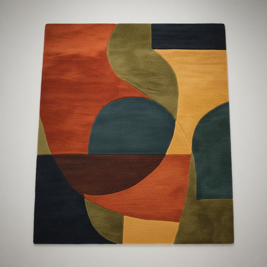 Translation missing: en.Mid century modern rug with retro geometric wool design in navy, mustard, burnt orange, and olive tones, handmade shag carpet