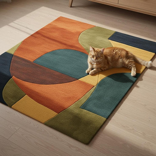Translation missing: en.Mid century modern rug with retro geometric wool shag design in navy, mustard, burnt orange, and olive tones
