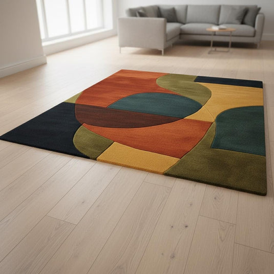 Translation missing: en.Handmade mid century modern wool rug with retro geometric pattern in navy, mustard, burnt orange, and olive tones