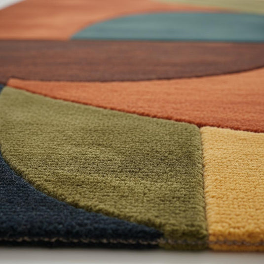 Translation missing: en.Handmade mid century modern rug with retro geometric wool design in navy, mustard, burnt orange, and olive hues