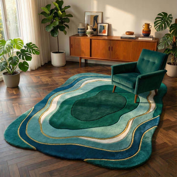 Translation missing: en.Mid century modern rug with organic abstract shape in teal green tones for stylish living rooms