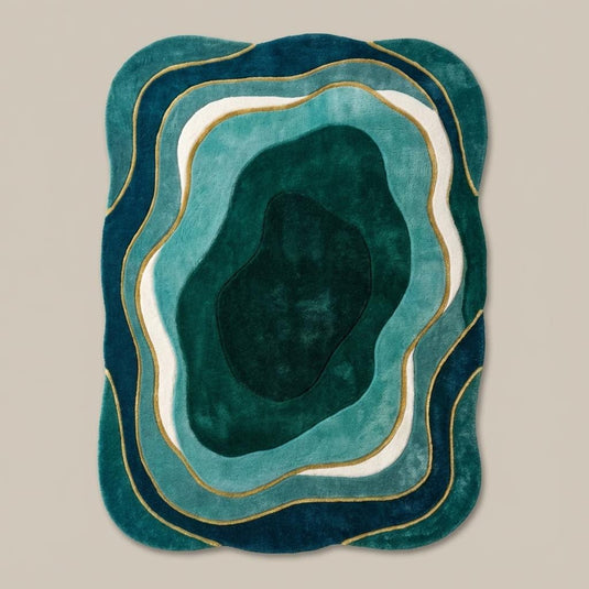 Translation missing: en.Mid century modern rug with organic abstract teal green design and retro curved shape