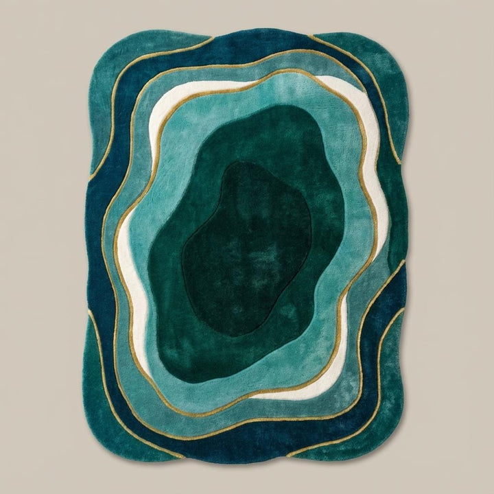 Translation missing: en.Mid century modern rug with organic abstract teal green design and retro curved shape