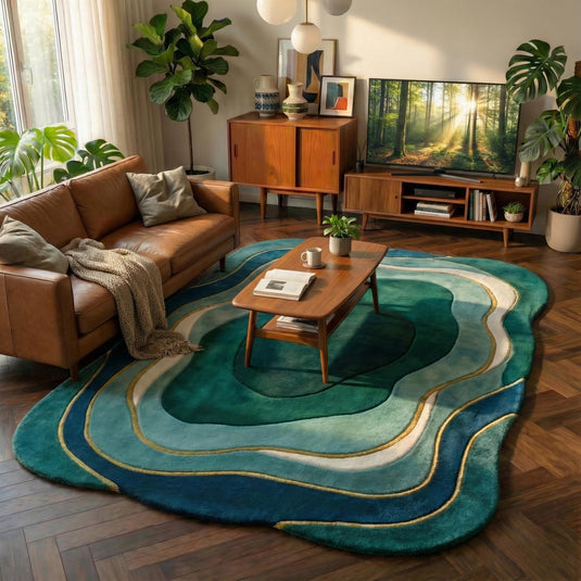 Translation missing: en.Abstract organic shaped mid century modern rug in teal green with plush durable fibers and retro curved design