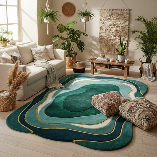 Translation missing: en.Mid century modern rug with organic abstract teal green design and plush curved shape