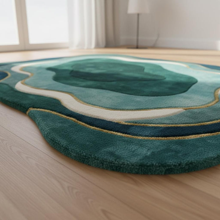 Translation missing: en.Mid century modern rug with teal green abstract organic shape for stylish living rooms