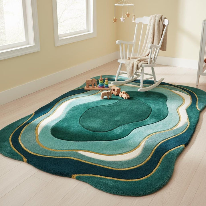 Translation missing: en.Mid Century Modern Rug with abstract organic teal green design and plush fibers