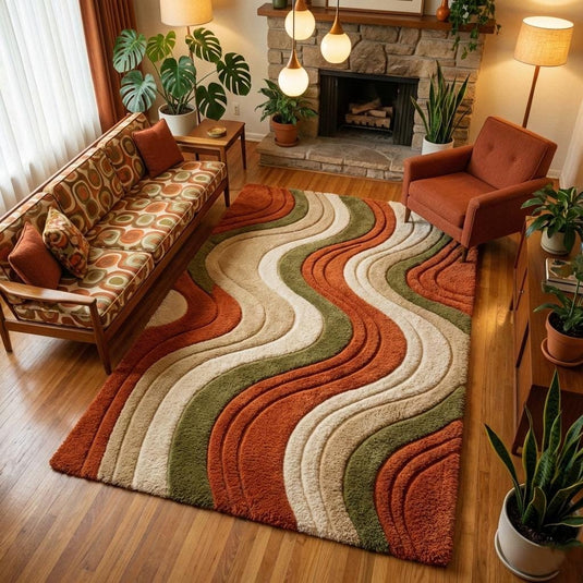 Translation missing: es.Mid century abstract wavy stripe wool area rug with warm terracotta and olive tones