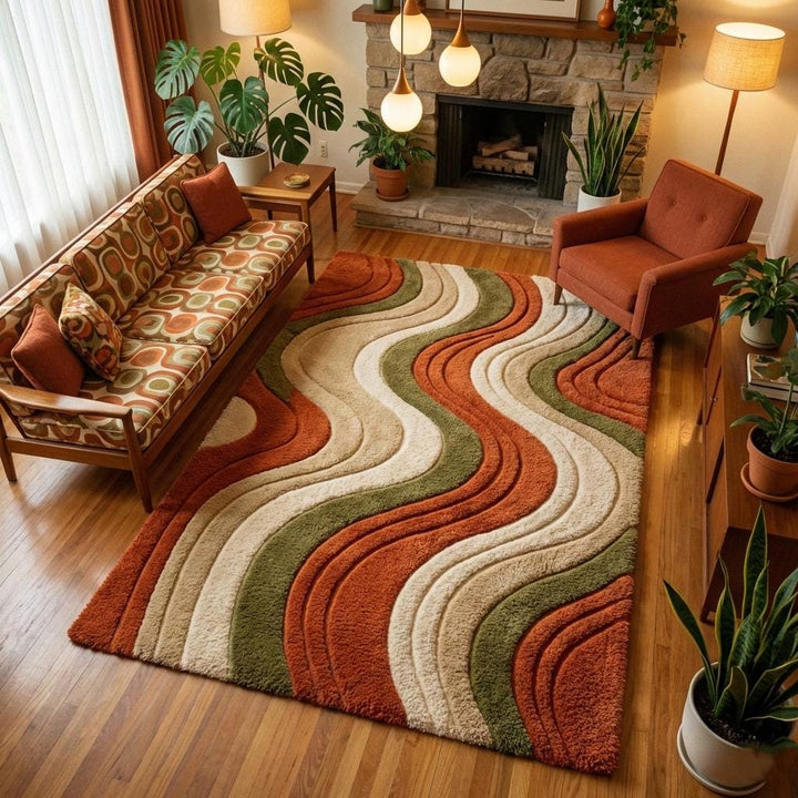 Translation missing: en.Mid century abstract wavy stripe wool area rug with warm terracotta and olive tones