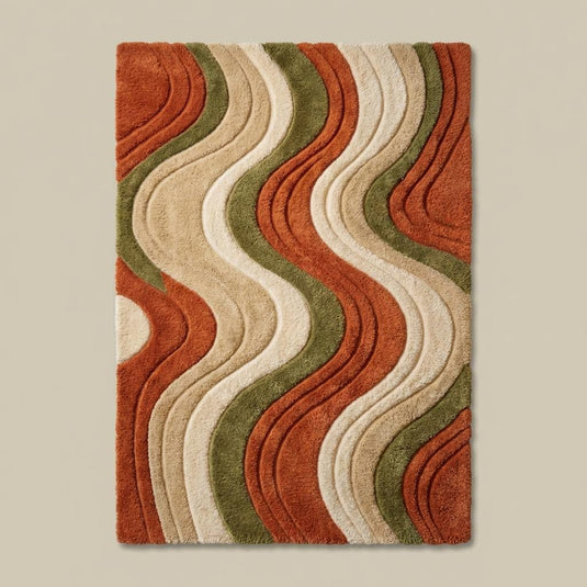 Translation missing: es.Abstract wavy stripe pattern rug featuring flowing curved lines in earthy color palette