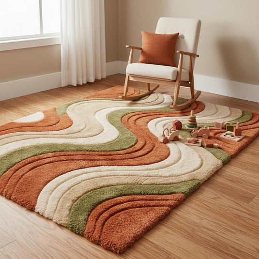 Translation missing: es.Terracotta rust, olive green and cream color wool rug creating warm modern décor accent