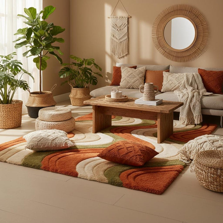 Translation missing: en.Retro style living room interior styled with mid century abstract area rug and warm wooden furniture