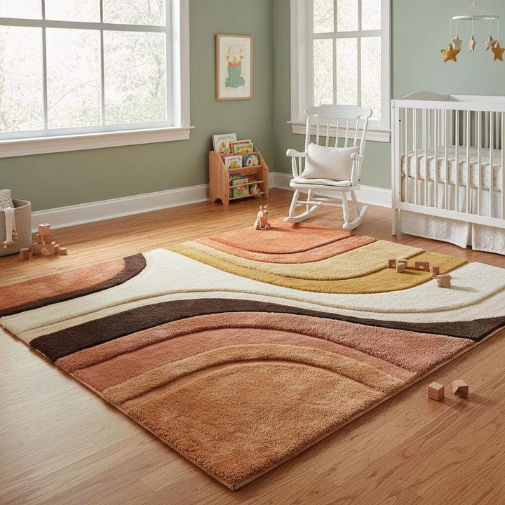 Translation missing: en.Modern area rug featuring terracotta, mustard yellow, cream, beige and dark brown tones blended in a retro abstract pattern